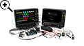 Two WaveRunner 8000HD 8 channel high definition oscilloscopes connected with OscilloSYNC  testing a small motor drive with the HVD Series high voltage differential probes and three CP series current probes acquiring signals from the drive output with twelve signals displayed on one oscilloscope display using also digital logic (MSO) inputs, a passive probe, a high voltage fiber optic probe, a ZS1000 single-ended active probe, and a current sensor connected to a CA10 current sensor adaptor