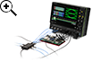 WaveRunner 8000HD 8 channel high definition oscilloscope performing an automotive ethernet test, displaying decoded data with an intuitive, color-coded overlay and a searchable protocol table while also showing an eye diagram of the PAM-3 automotive ethernet signal