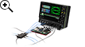 WaveRunner 8000HD 8 channel high definition oscilloscope performing an automotive ethernet test, displaying decoded data with an intuitive, color-coded overlay and a searchable protocol table while also showing an eye diagram of the PAM-3 automotive ethernet signal